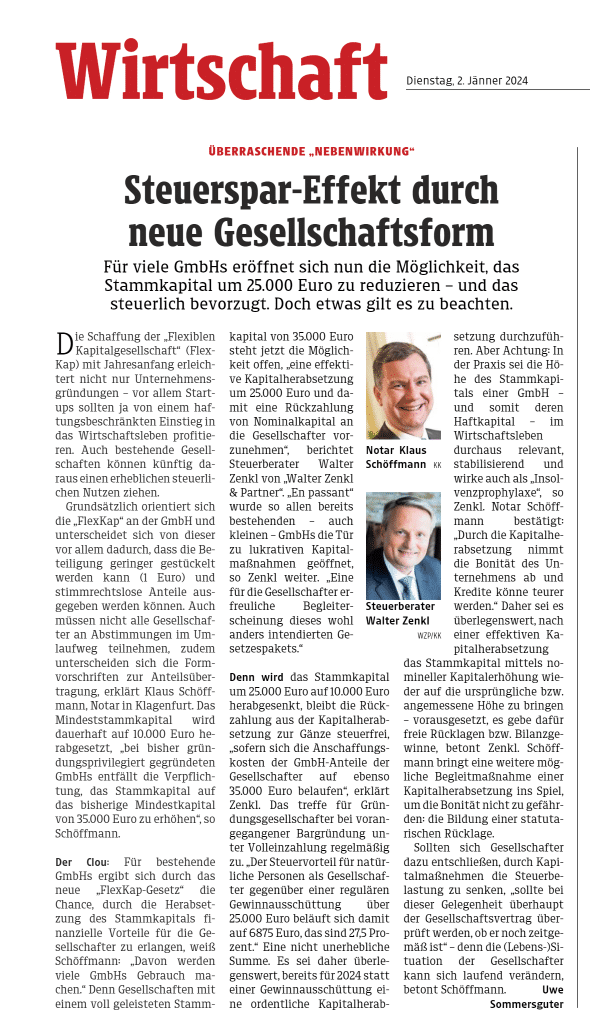 Artikel in der KLEINEN ZEITUNG vom 2. Jänner 2024.